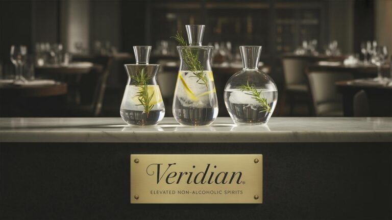 Three glass decanters filled with clear liquid, lemon slices, and herbs sit on a marble counter above a plaque that reads “Veridian: Elevated Non-Alcoholic Spirits.” Elegant dining tables are blurred in the background.