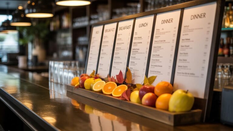 A row of menus is displayed on a restaurant counter, surrounded by assorted fresh fruits and autumn leaves, with glasses and bottles visible in the softly lit background.