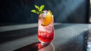 A glass of red and clear iced drink garnished with a mint sprig and a lemon wedge sits on a reflective surface, with sunlight casting shadows in the background.