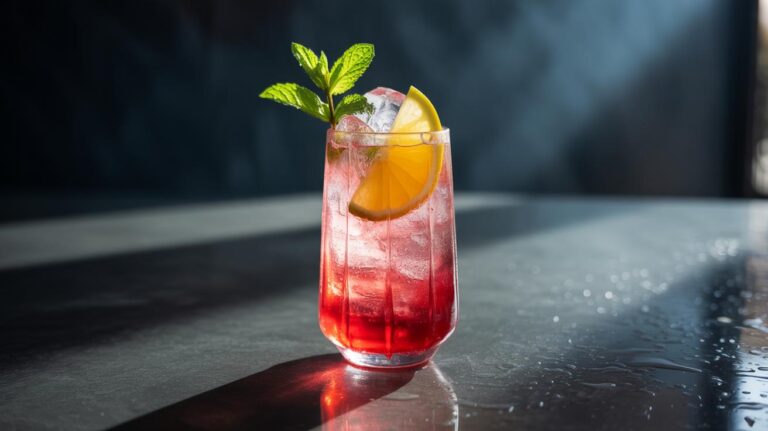 A glass of red and clear iced drink garnished with a mint sprig and a lemon wedge sits on a reflective surface, with sunlight casting shadows in the background.