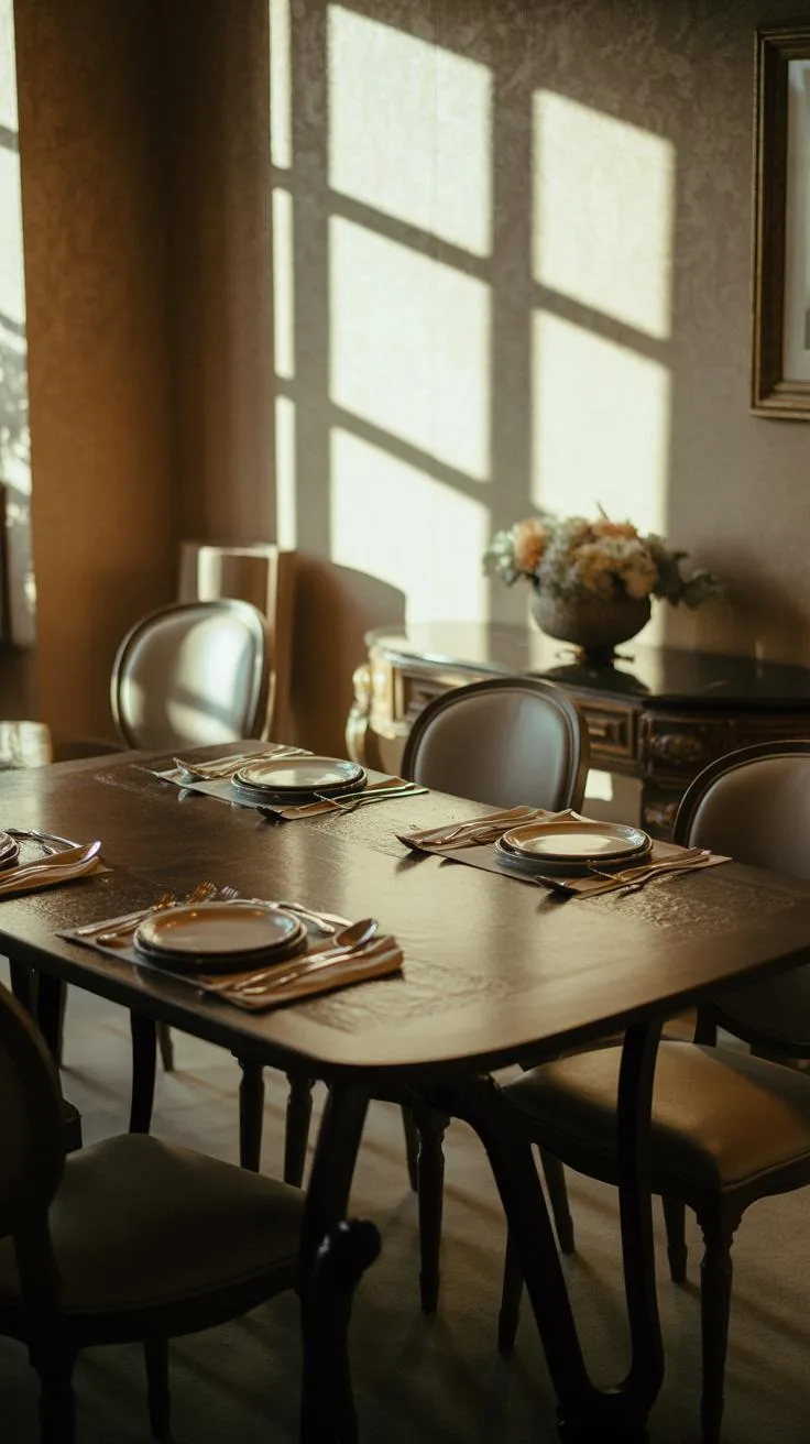 A warm, sunlit dining room features a dark wooden table set with placemats and dishes, surrounded by chairs, with a side buffet holding a floral arran
