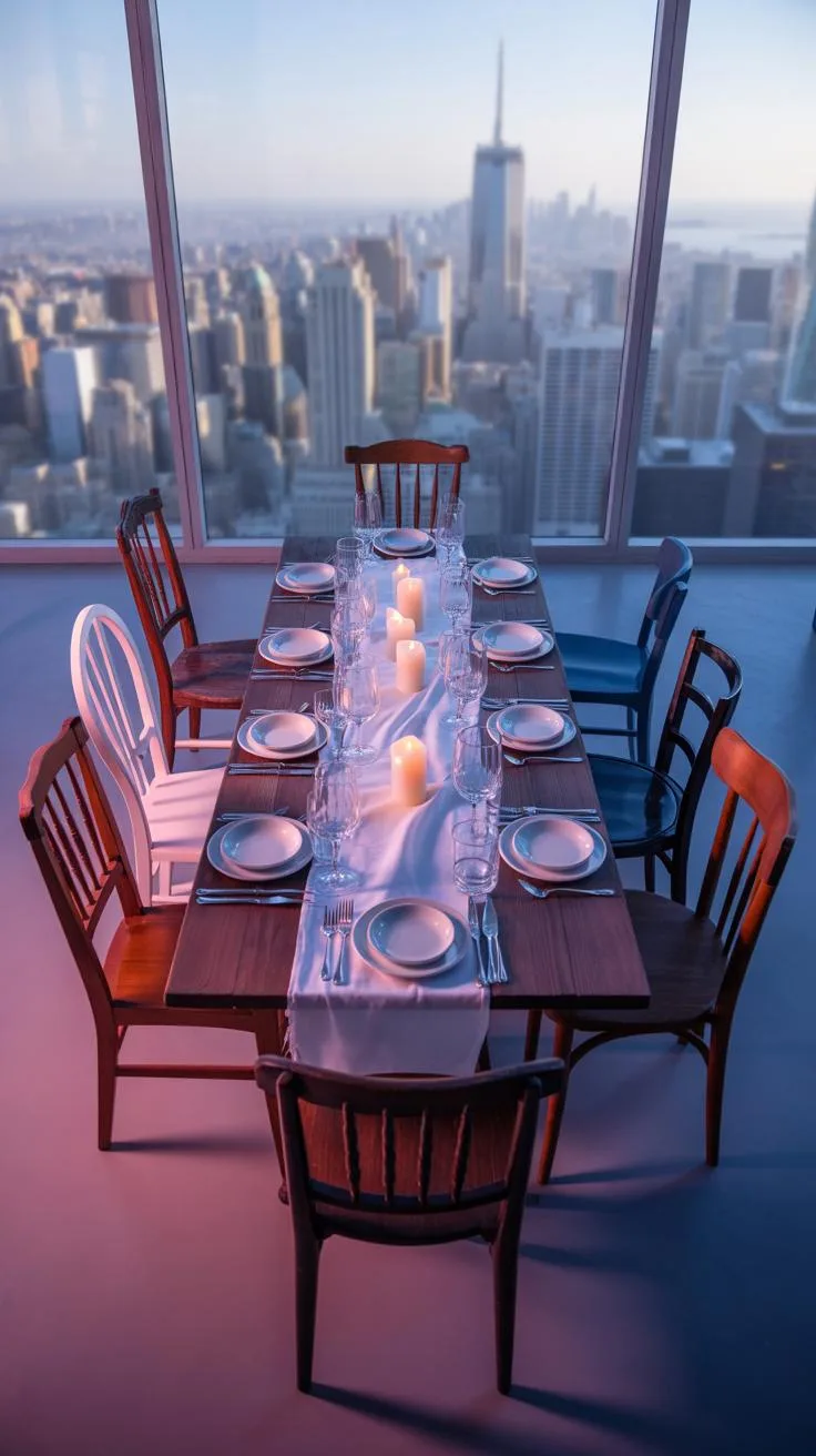 A long dining table is set with plates, glasses, and lit candles, surrounded by mismatched chairs, all positioned in a high-rise room with floor-to-ce