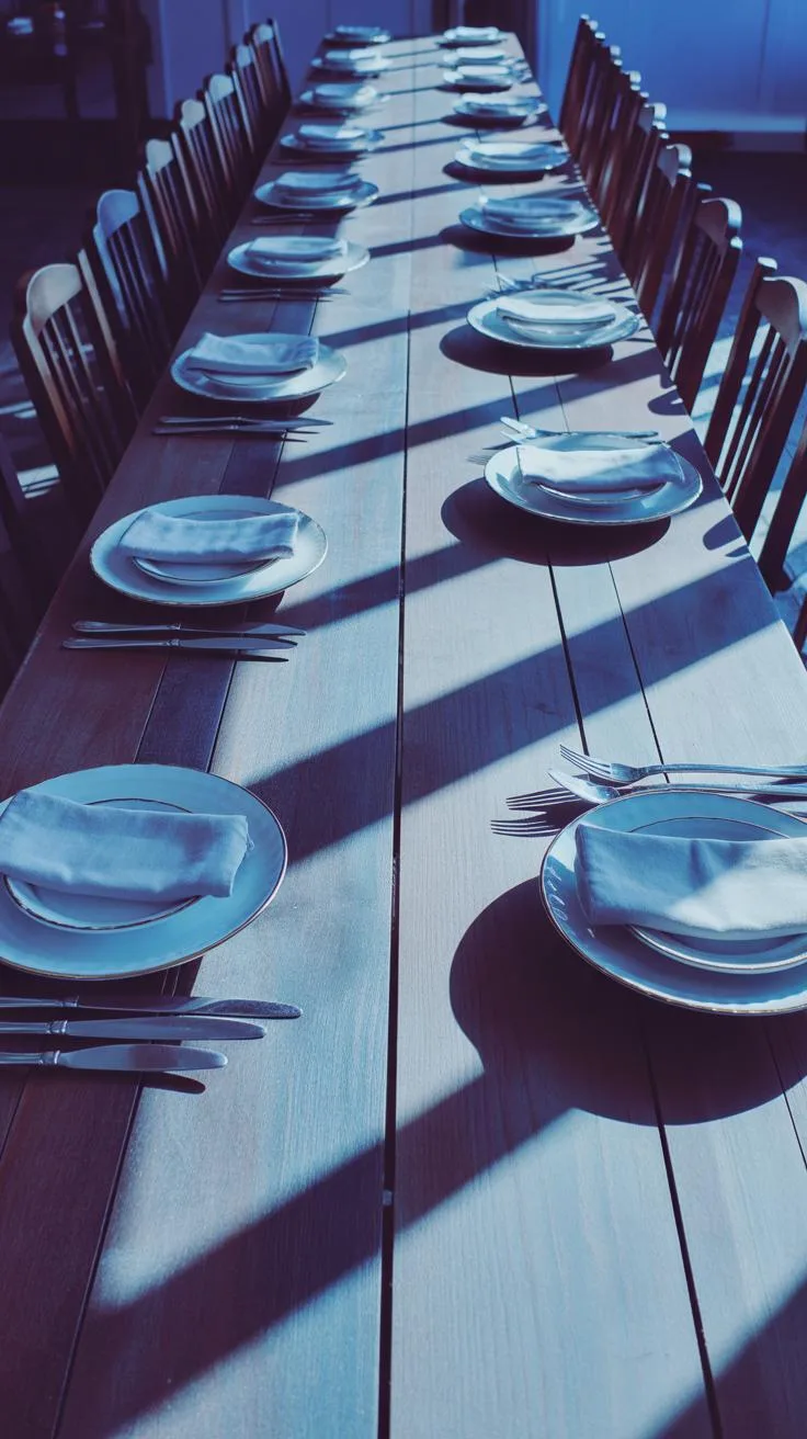 A long, light-colored wooden table is set with many white plates, napkins, and silverware on both sides, with wooden chairs visible along its length,