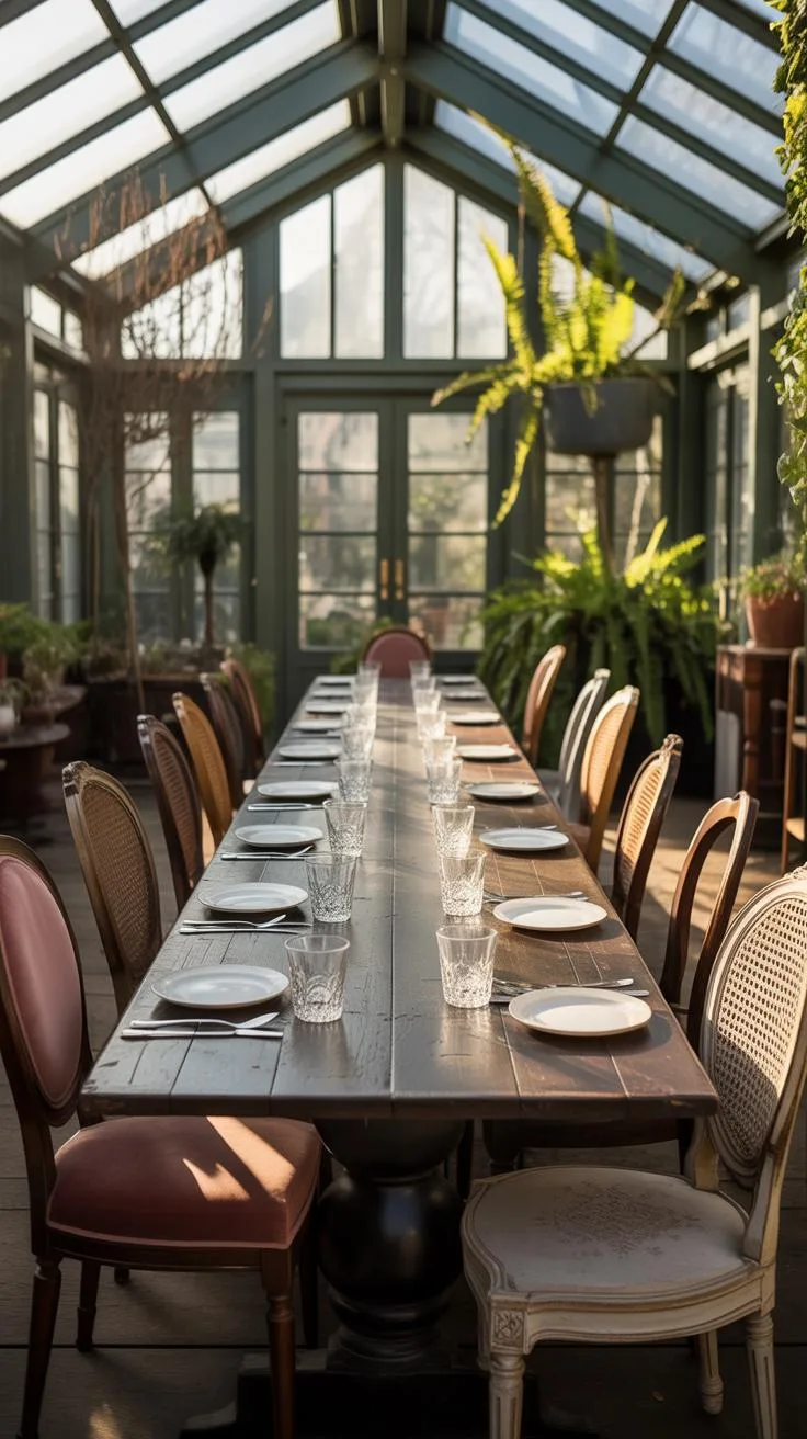 A long wooden dining table set for a formal meal stretches down the center of a sunlit greenhouse, flanked by mismatched chairs and lush green plants