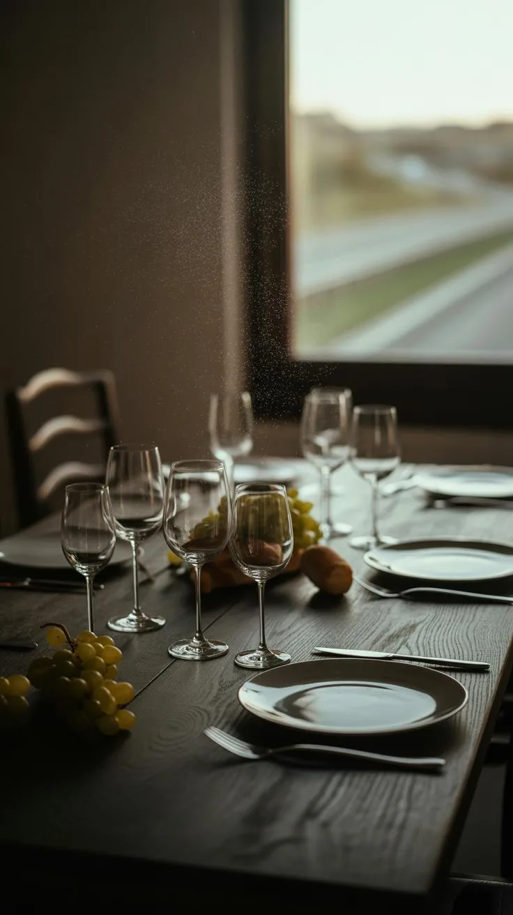 A formal dining table set for several guests with wine glasses, plates, and cutlery, adorned with a bunch of green grapes, illuminated by natural ligh