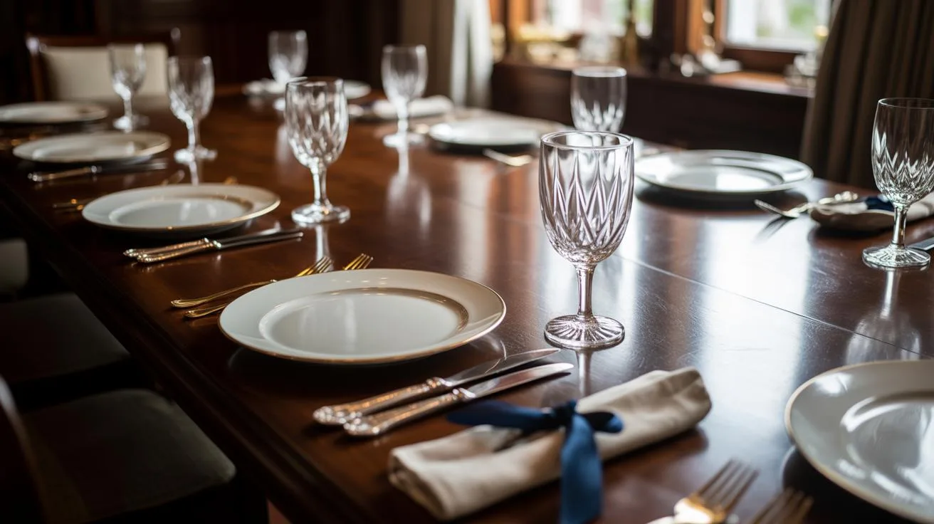 A long, dark polished wooden dining table is set for a formal meal with white plates, silver cutlery, clear crystal wine glasses, and linen napkins ti