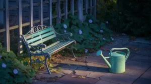 A vintage-style teal metal garden bench sits on a stone patio next to a white wooden fence, with green foliage and white morning glory flowers behind