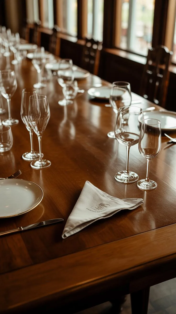 A long, polished wooden dining table is set with multiple place settings, featuring white plates, clear wine glasses, and folded cloth napkins, stretc