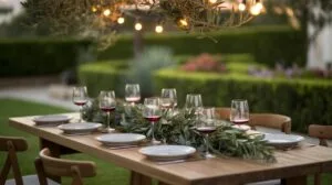 An outdoor wooden dining table is set with white plates, wine glasses filled with red wine, and a lush green garland, all beneath a string of twinklin