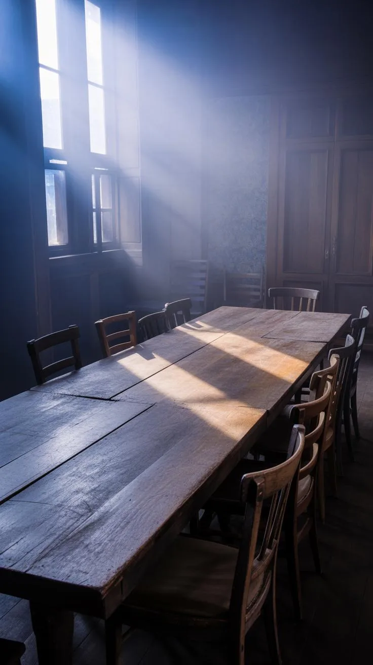 Sunlight streams through tall windows on the left, illuminating dust motes in the air and casting bright rays across a long, distressed wooden table w