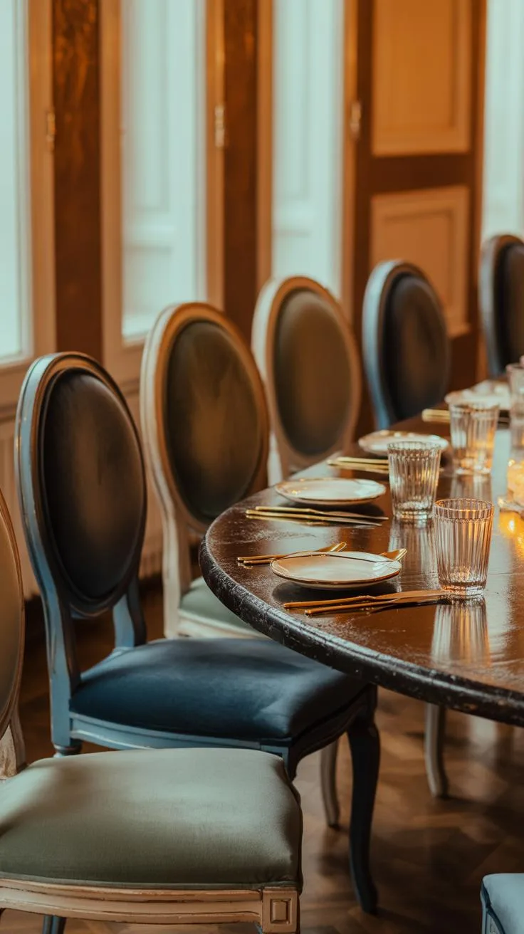 A close-up, slightly blurry shot shows an elegant dining table set with white plates and glasses, surrounded by several ornate, antique-style chairs w