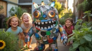 Four children, three girls and one boy, joyfully pose with a large, colorful monster sculpture made from recycled plastic items in a lush garden setti