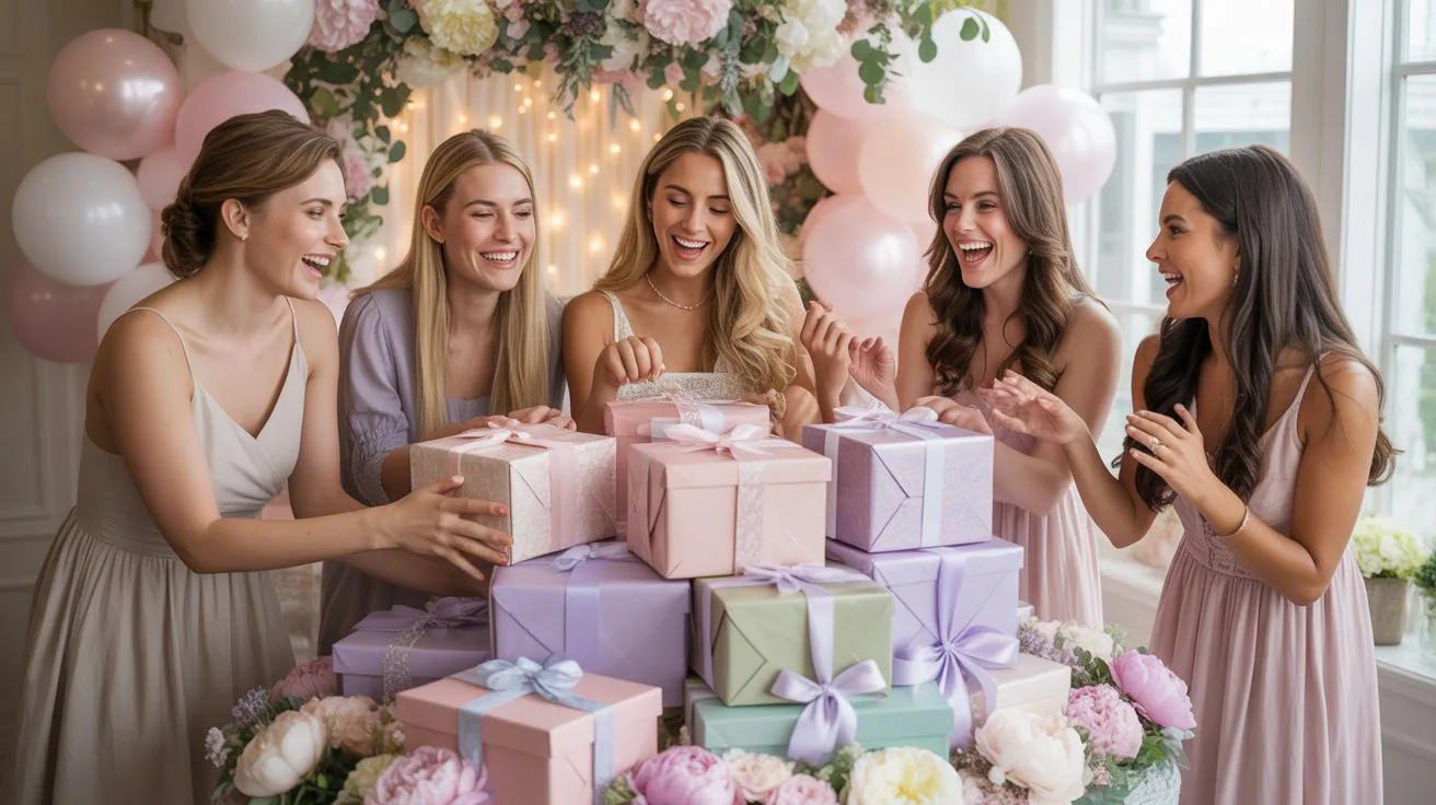 Five smiling young women, dressed in light-colored dresses, stand around a table laden with wrapped gifts in pink, purple, and green, with balloons an