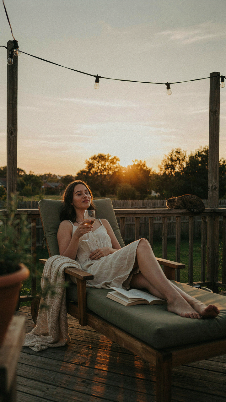 A person relaxes in a lounge chair, sipping a drink at sunset.