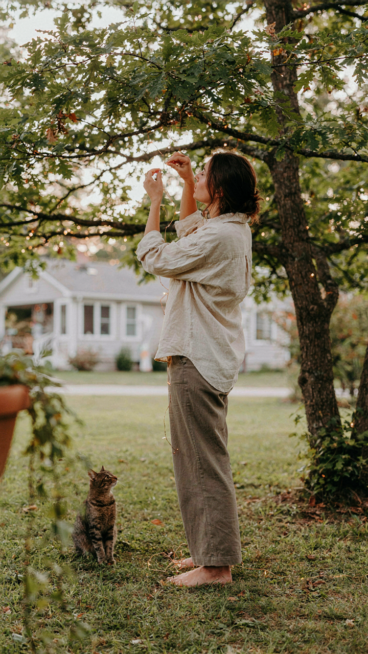 A person carefully places a few string lights in a tree.