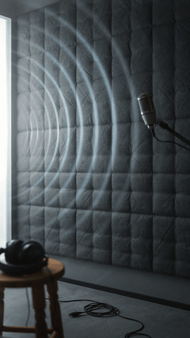 A thick acoustic panel on a wall in a recording studio, absorbing sound.