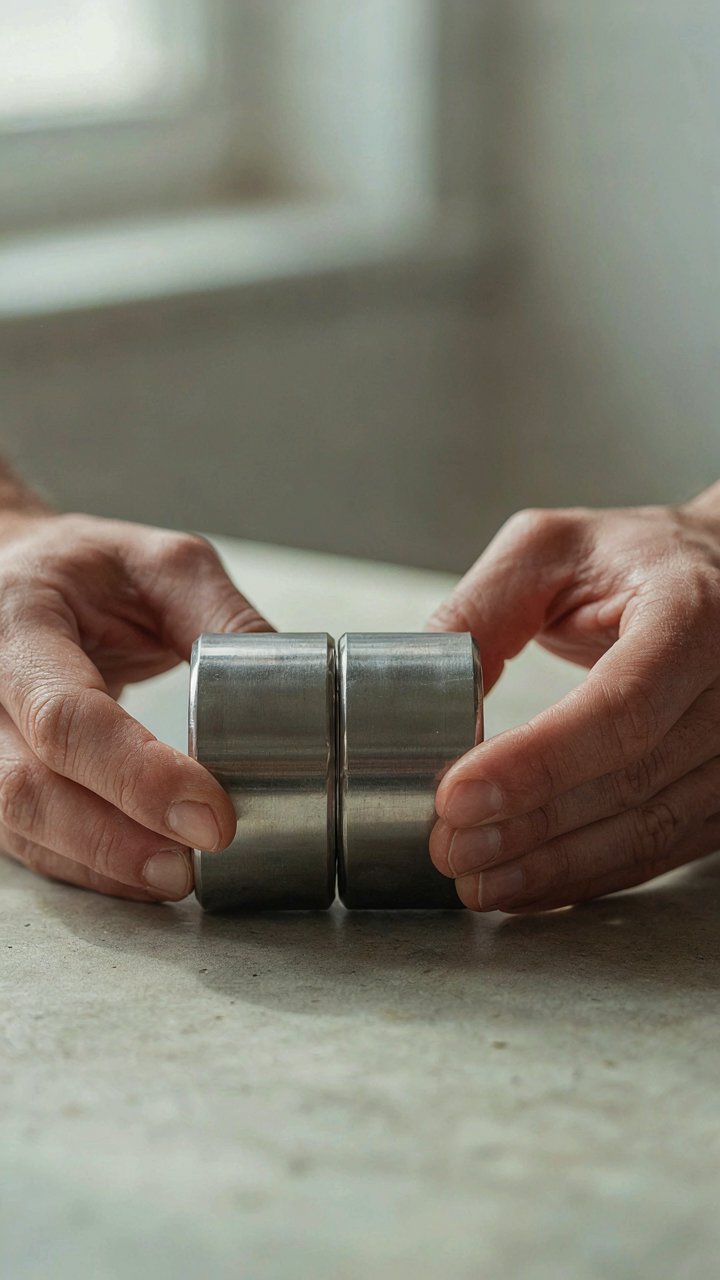Two strong magnets stick together, showing a firm bond.