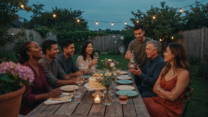 Adults enjoying a lively backyard birthday party with warm lighting.