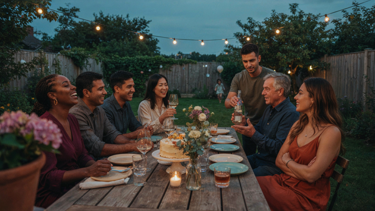 Adults enjoying a lively backyard birthday party with warm lighting.