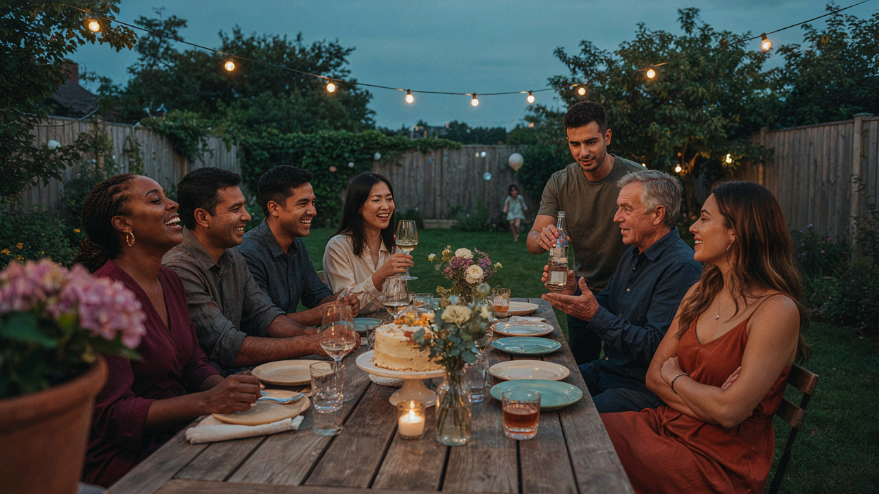 Adults enjoying a lively backyard birthday party with warm lighting.