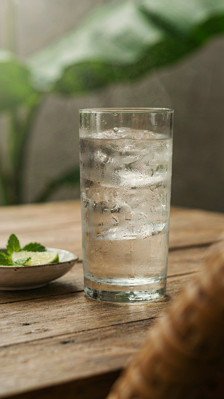Condensation drips down a cold glass in a warm room.