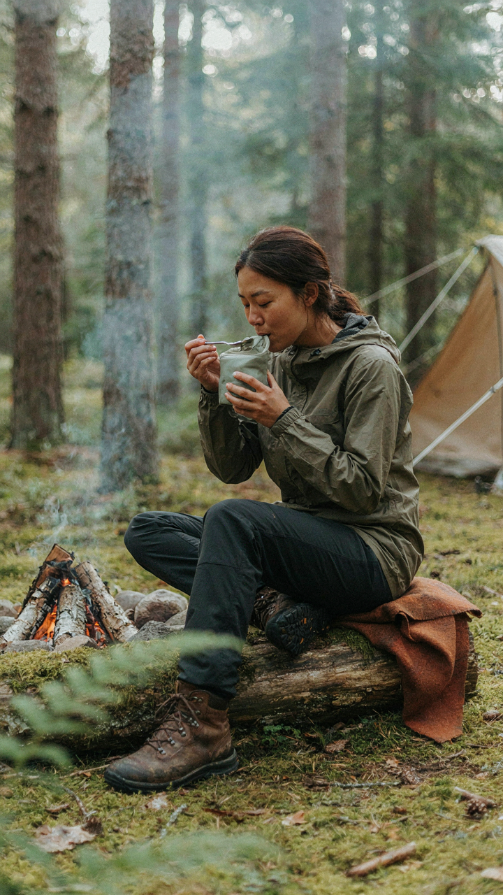 A hiker eats from a food pouch by a campfire, showing the no-wash philosophy.