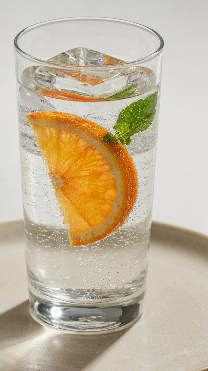 A clear ice cube holds an orange slice and mint in sparkling water.