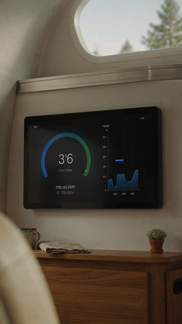 A smart home panel showing real-time humidity and temperature readings inside an RV.