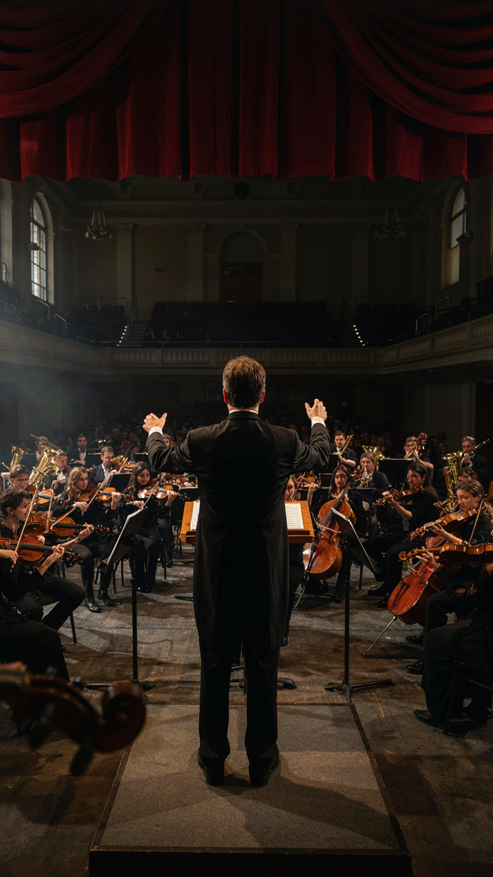 A symphony conductor orchestrates a large musical ensemble with raised arms.