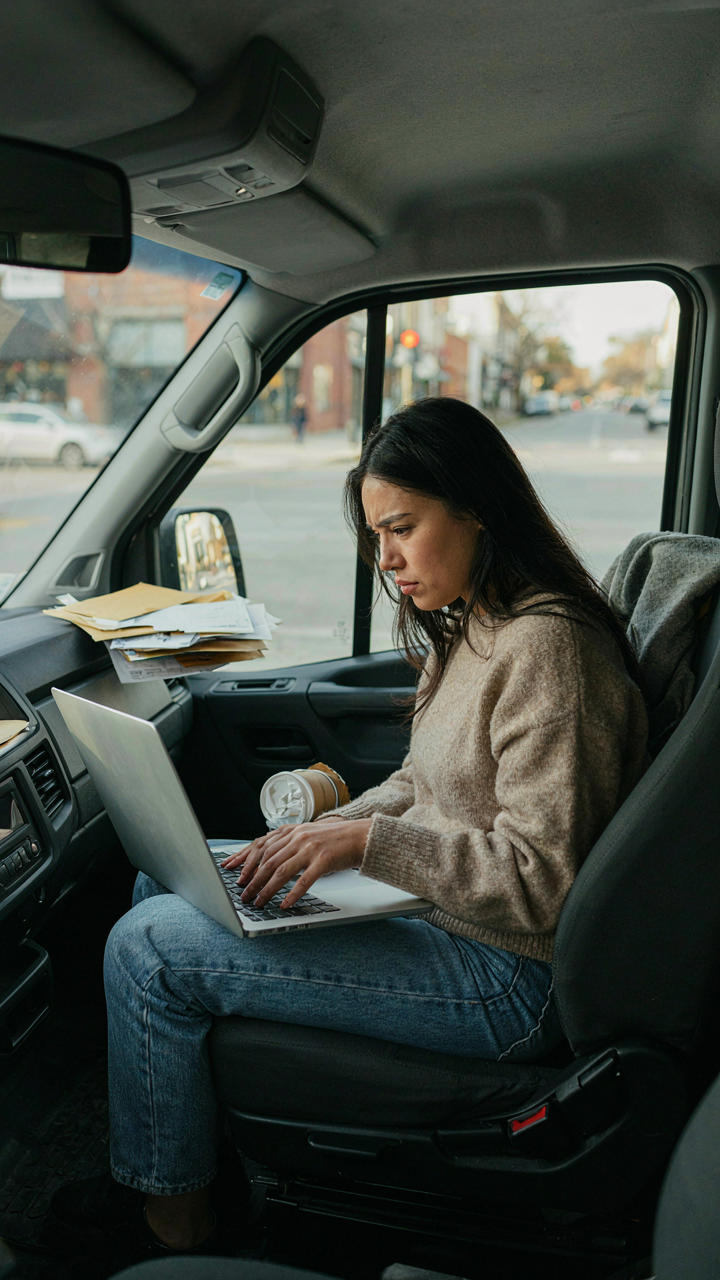 A stressed person in a van looks at a blank laptop screen.