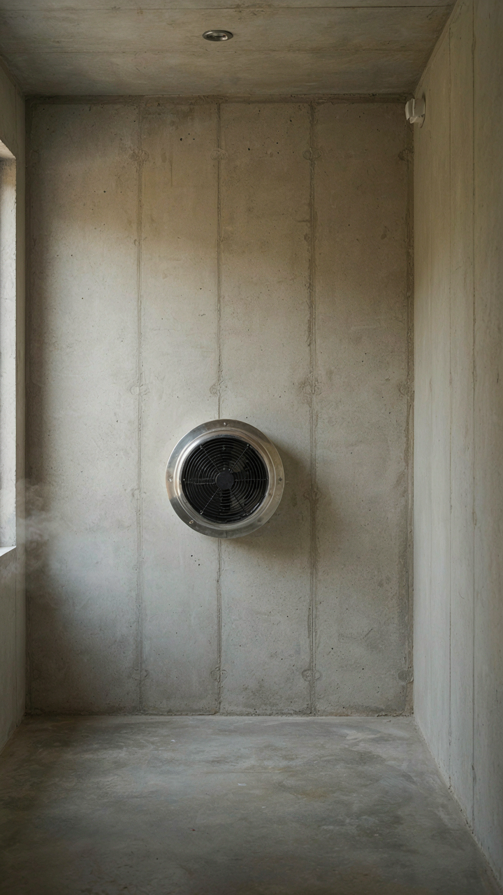 A small room with a fan on the wall, showing air circulation.