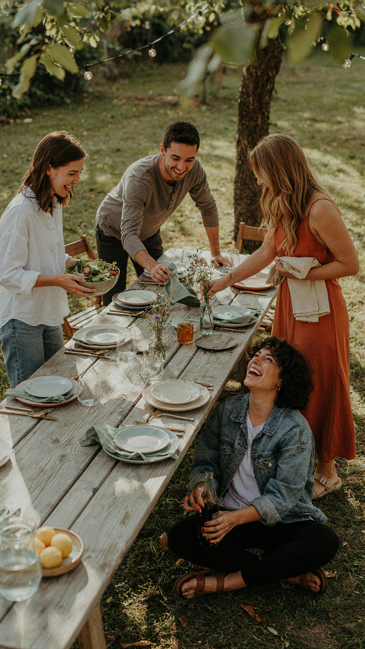 Friends are laughing while setting plates on an outdoor table.