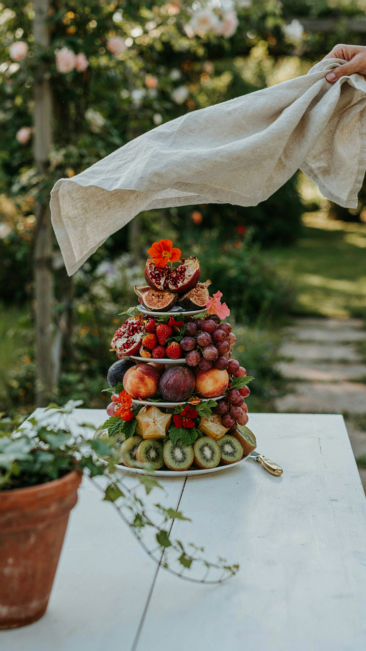 A linen cloth is lifted to show a stunning garden party fruit platter.