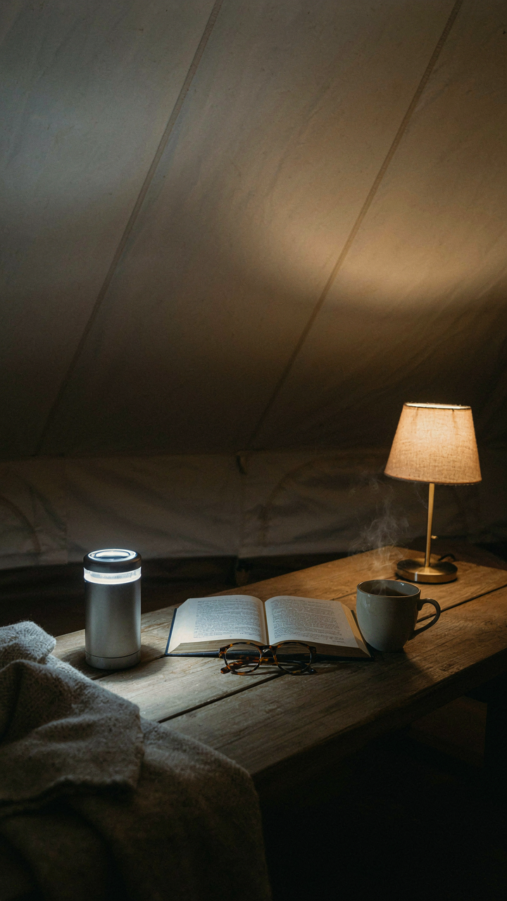 Inside a canvas tent, a bright lantern illuminates a book, and a soft lamp adds mood.