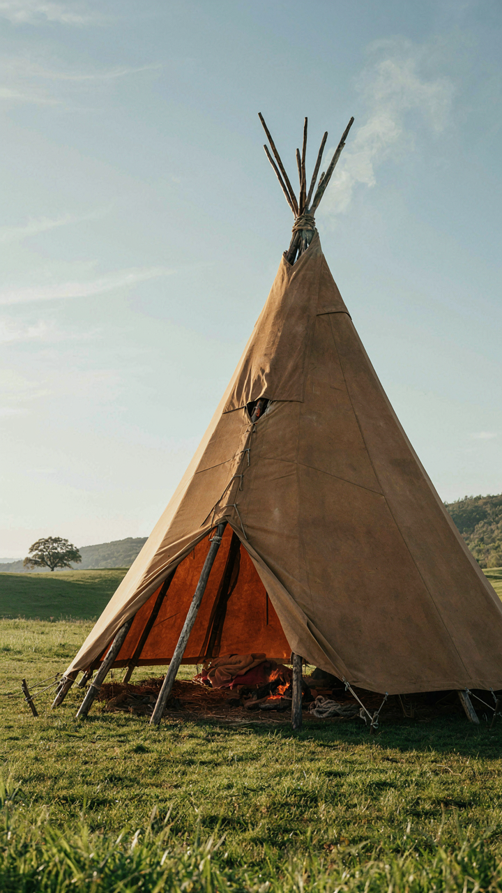 A detailed diagram shows ropes and stakes anchoring a backyard teepee tent into the ground.