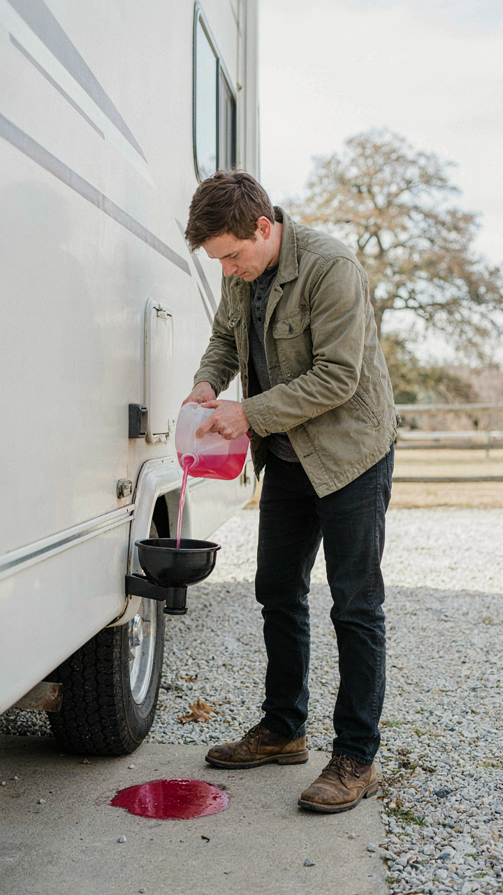 A person pours pink antifreeze into an RV's water inlet.