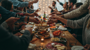 Many people gathered around a small appetizer table, creating a bottleneck at a party.
