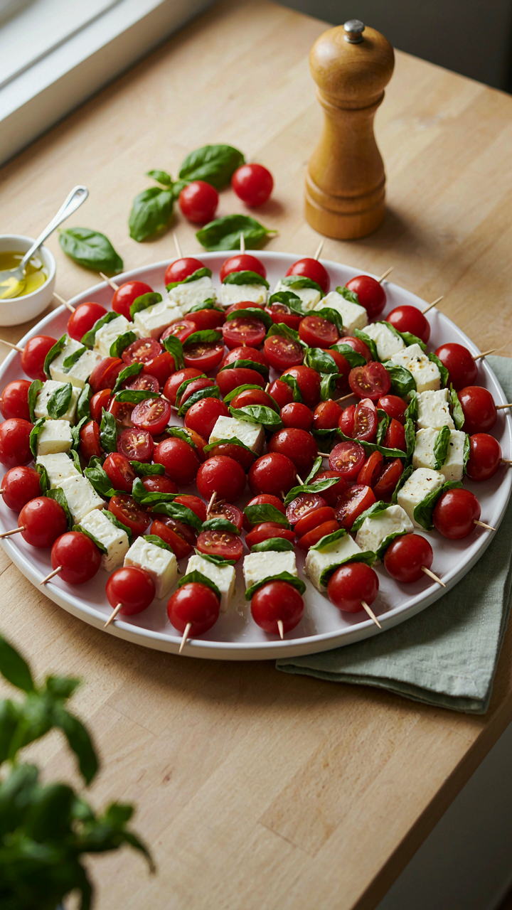 A large platter holding many identical caprese skewers for a crowd.