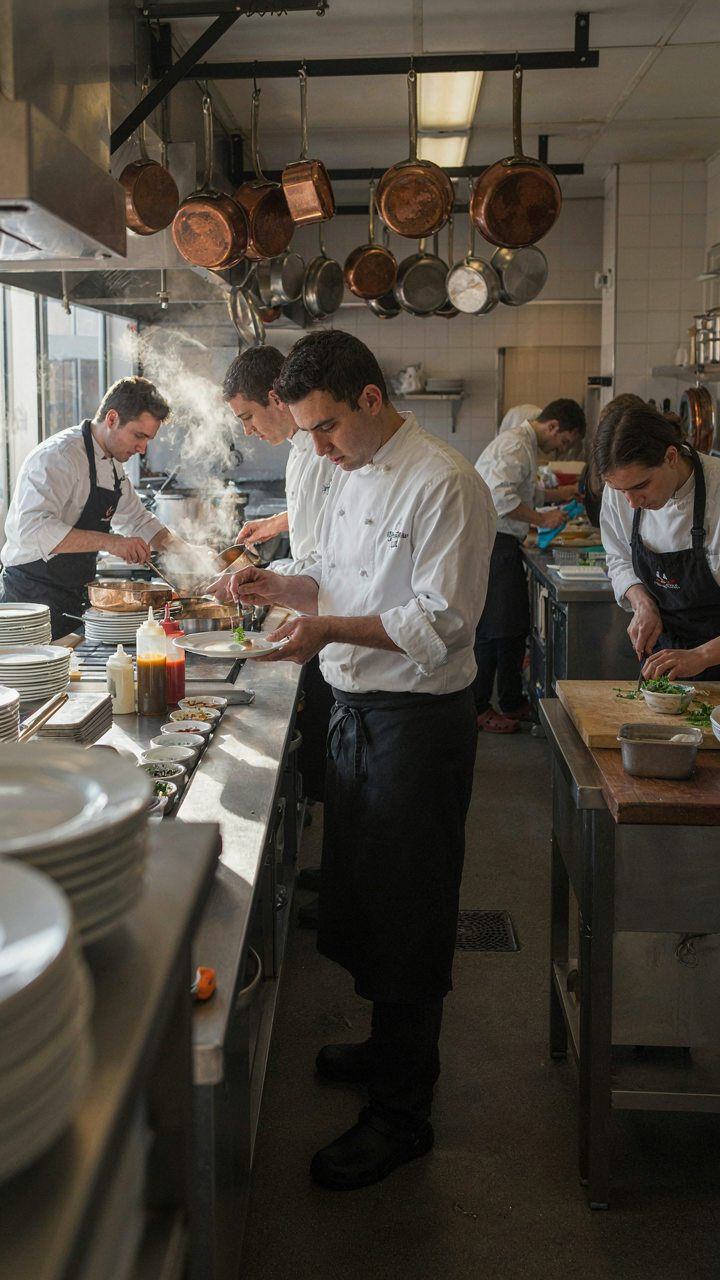 Chefs work at different stations in a large professional kitchen.