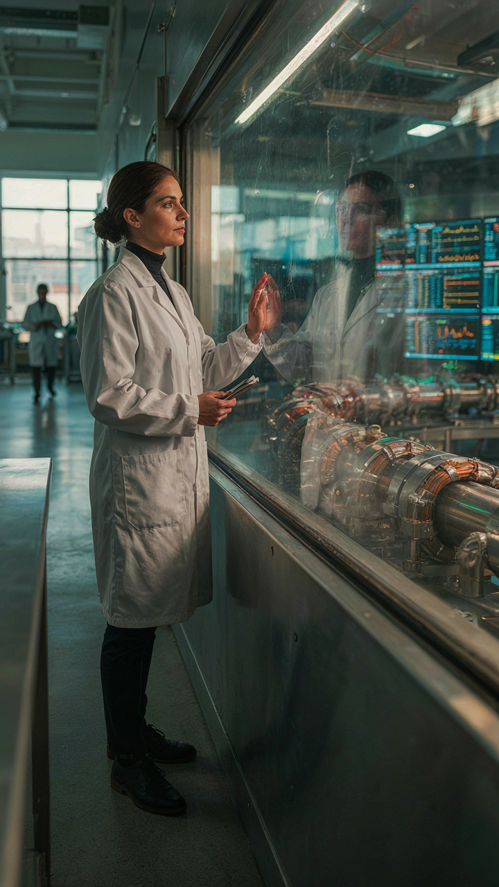A scientist in a lab coat observes a particle accelerator through glass.
