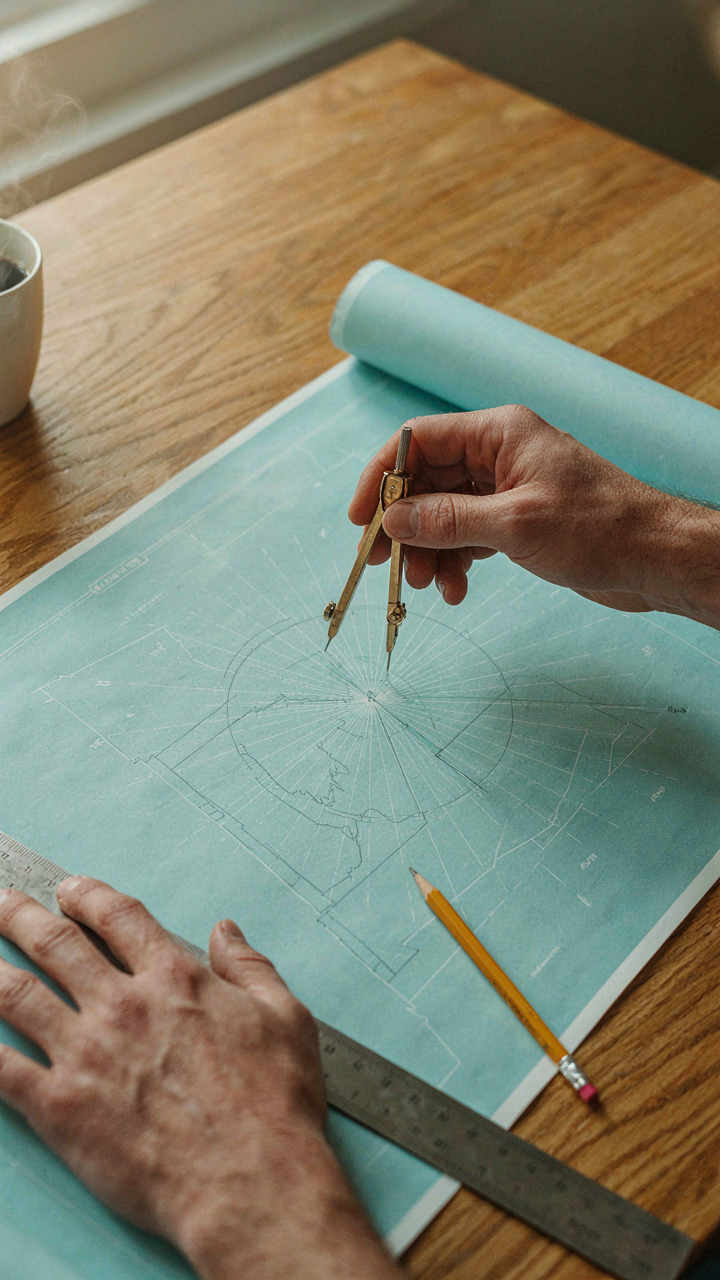 An architect draws geometric lines on a blueprint for a backyard design.