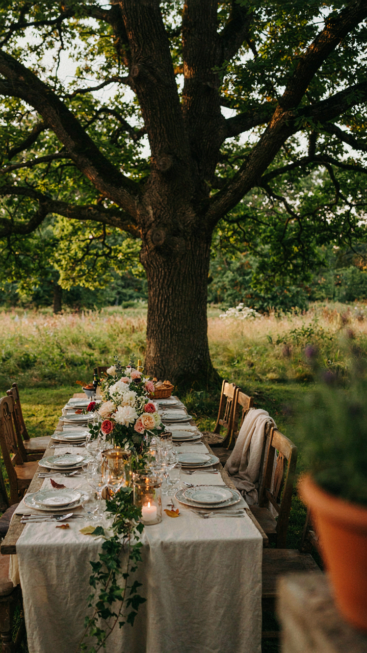An outdoor dining table is set under a grand oak tree with hanging lanterns.