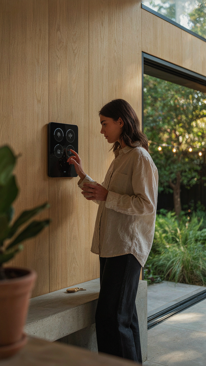 A smart home control panel showing backyard lighting zones and dimming options.