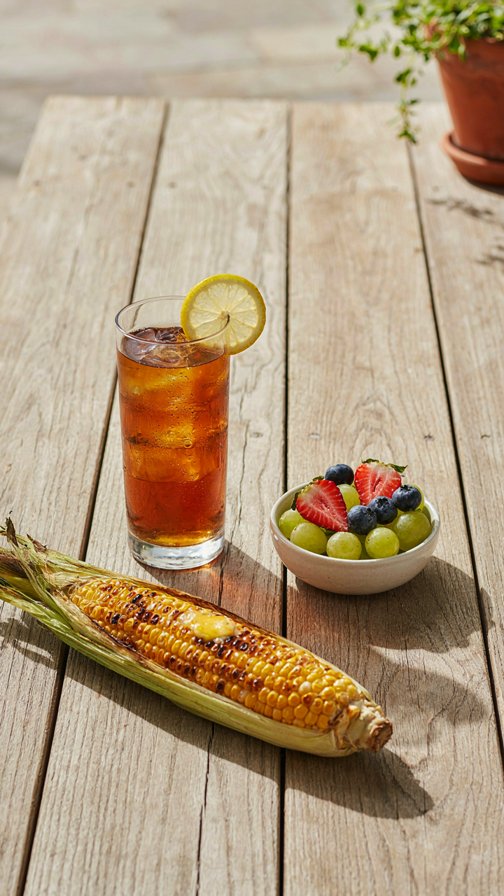 A minimalist outdoor table with iced tea, fruit, and grilled corn.