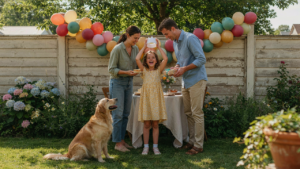 A colorful backyard balloon garland arches over a wooden fence in a sunny garden.