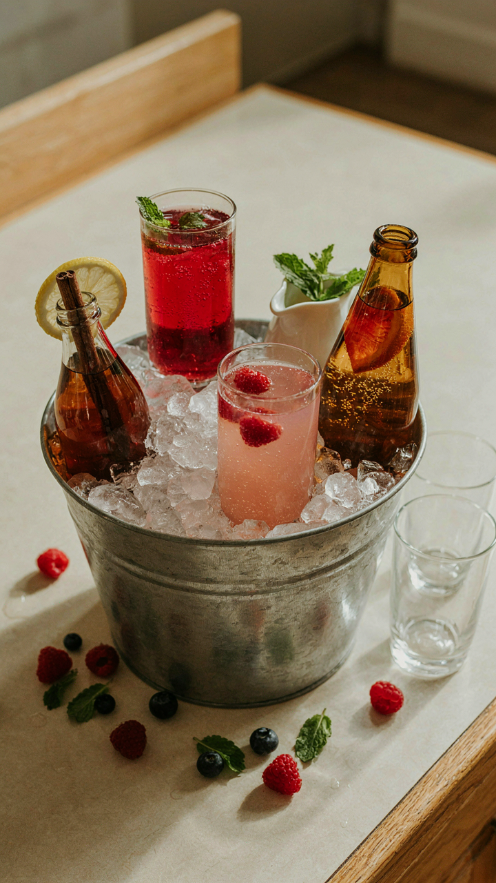 An array of unique artisanal beverages chilled in a galvanized tub with ice.