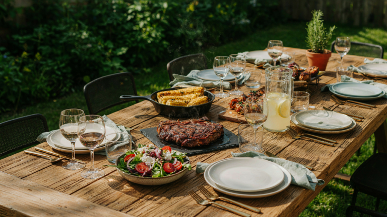 An inviting outdoor dining table is set for a backyard BBQ, with various dishes.
