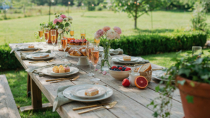A beautiful backyard brunch table is set for a birthday celebration.