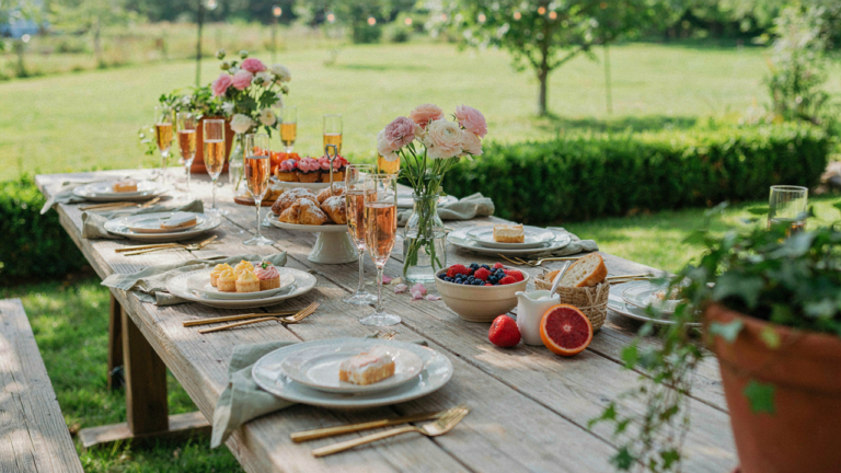 A beautiful backyard brunch table is set for a birthday celebration.