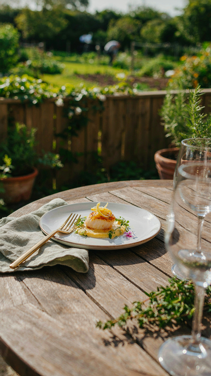 A single gourmet appetizer beautifully plated on a table in a backyard.
